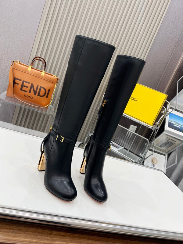 FENDI knee boots high heel black cowhide 521212