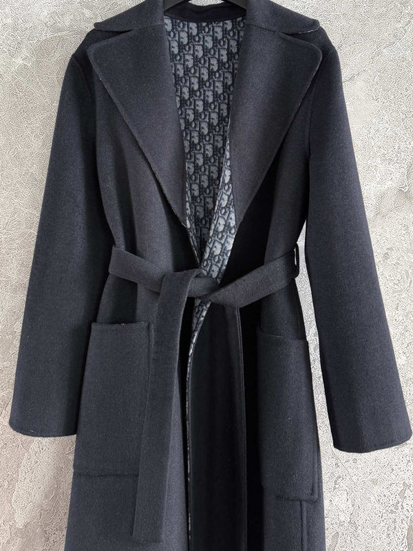 CD Hooded Long Coat Black Wool Silk