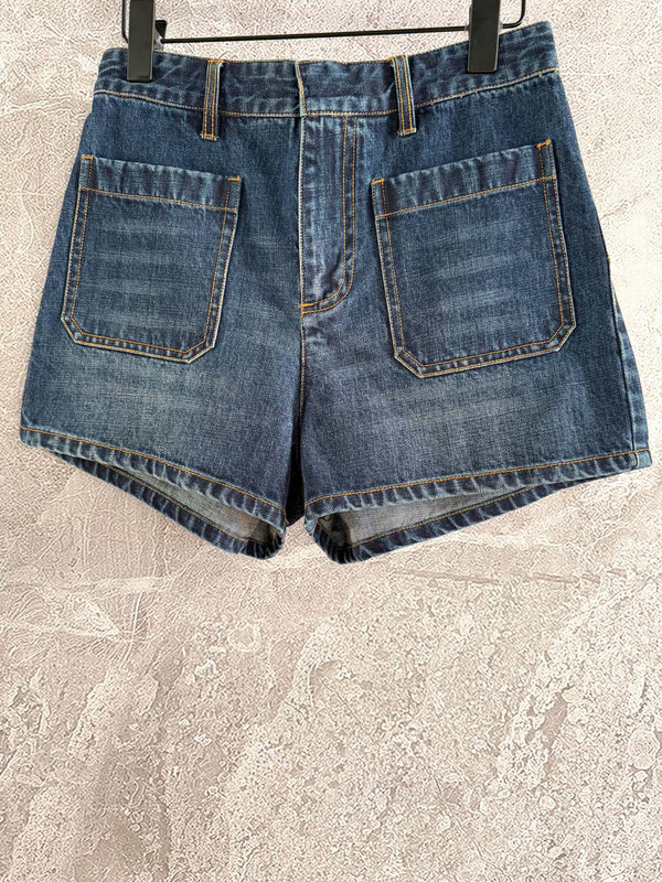 CD Patch Pocket Denim Shorts Blue Cotton