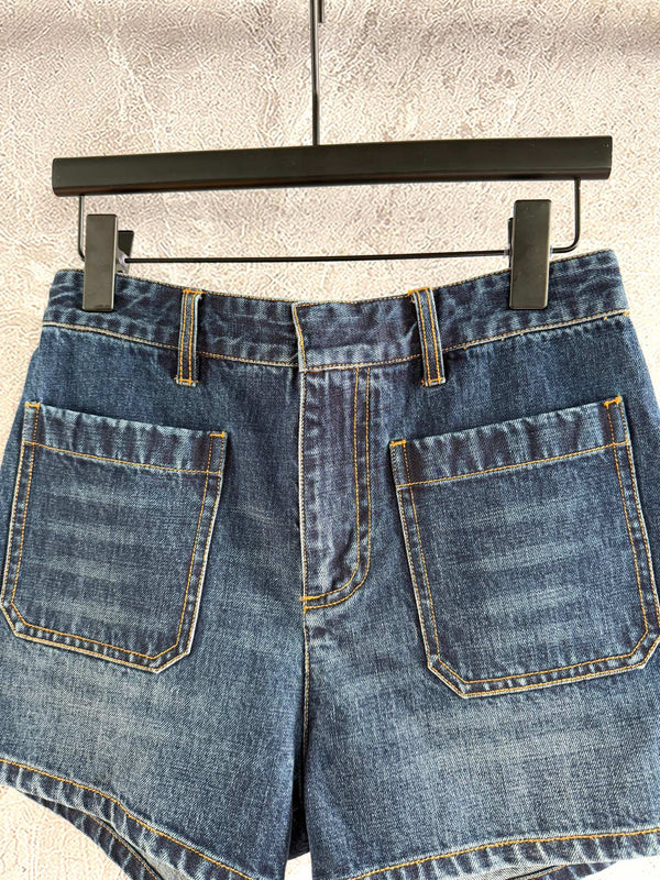CD Patch Pocket Denim Shorts Blue Cotton