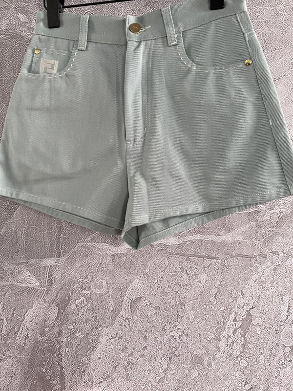 Fendi Hand-made Needle-picking Shorts Blue Green Cotton