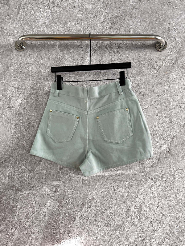 Fendi Hand-made Needle-picking Shorts Blue Green Cotton