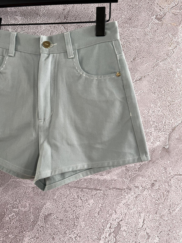 Fendi Hand-made Needle-picking Shorts Blue Green Cotton