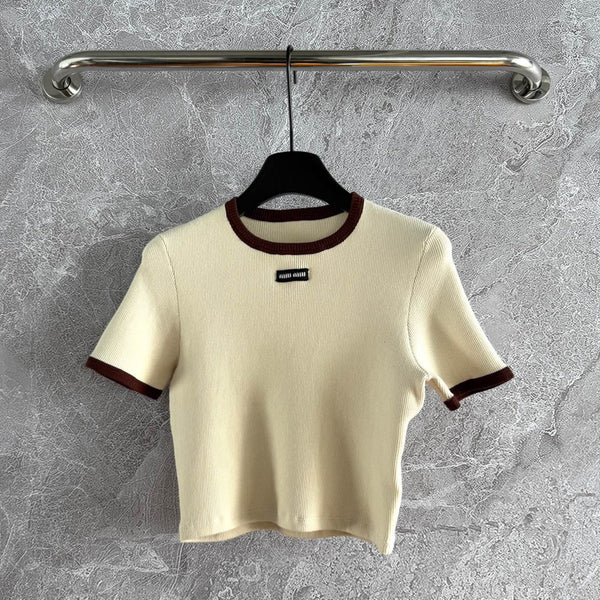 Miu Miu Short-sleeved Knitted Sweater Brown Cream Cotton