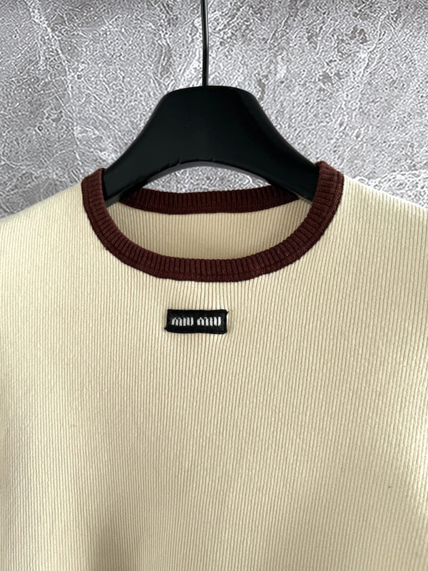 Miu Miu Short-sleeved Knitted Sweater Brown Cream Cotton