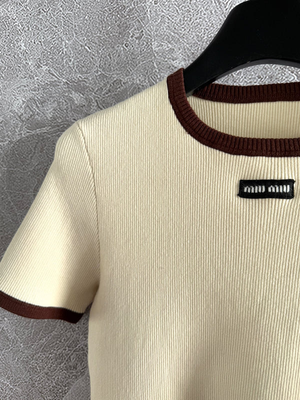Miu Miu Short-sleeved Knitted Sweater Brown Cream Cotton