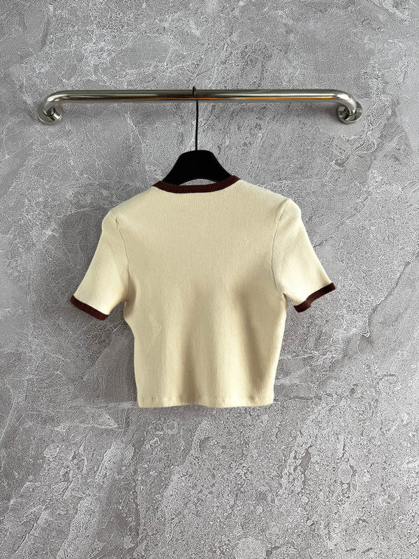 Miu Miu Short-sleeved Knitted Sweater Brown Cream Cotton