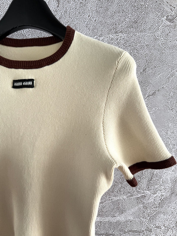 Miu Miu Short-sleeved Knitted Sweater Brown Cream Cotton