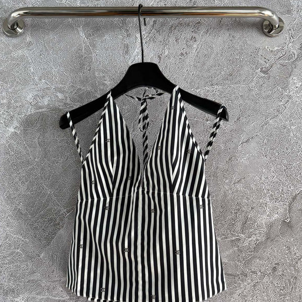CC Striped Halter Top Black White Cotton