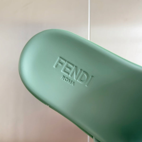FENDI ROMA SLIDE IN SEAFOAM GREEN GRAINED CALFSKIN WITH RED LOGO