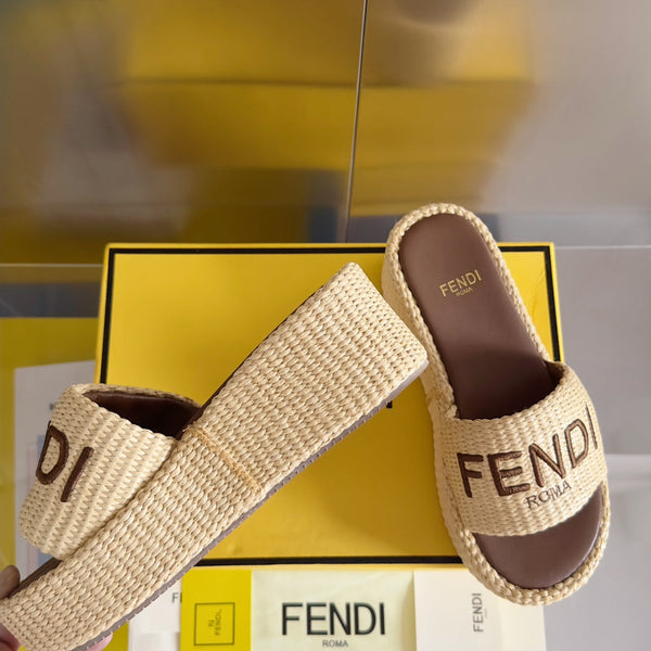 FF Sunshine 65 Beige Cotton Brown Leather Fibre Flatform Slide