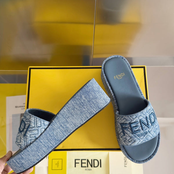 FENDI PLATFORM WEDGES IN STEEL BLUE JACQUARD FABRIC WITH EMBROIDERED LOGO