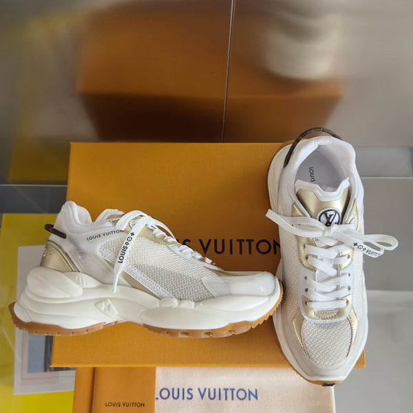 Sneaker LV Run 55 da 55 mm in tessuto a rete di poliestere bianco misto oro