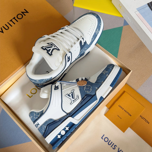 Sneaker LV Trainer 30mm Pelle di vacchetta bianca mista blu chiaro