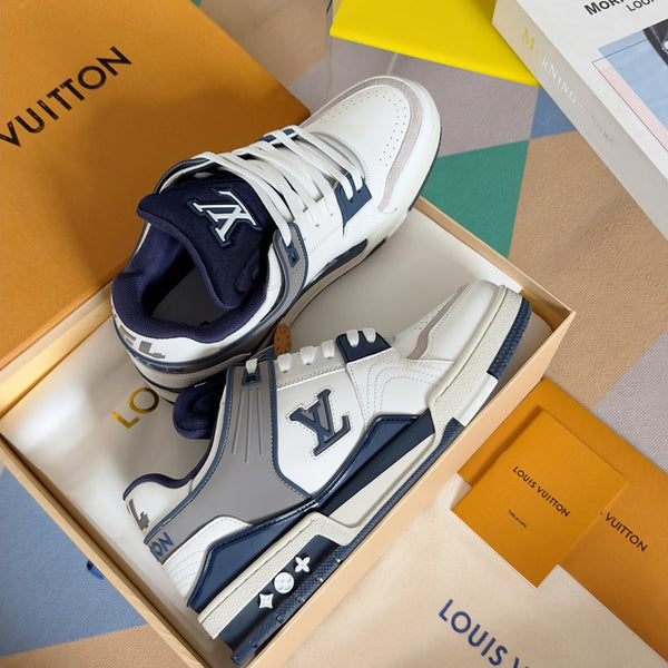 LV Trainer Sneaker 30mm Bianco Mix Blu Carbone Pelle di Vacchetta