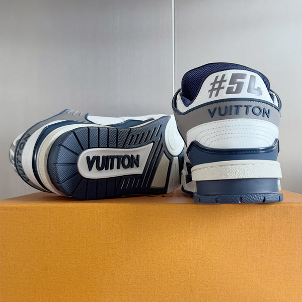 LV Trainer Sneaker 30mm Bianco Mix Blu Carbone Pelle di Vacchetta