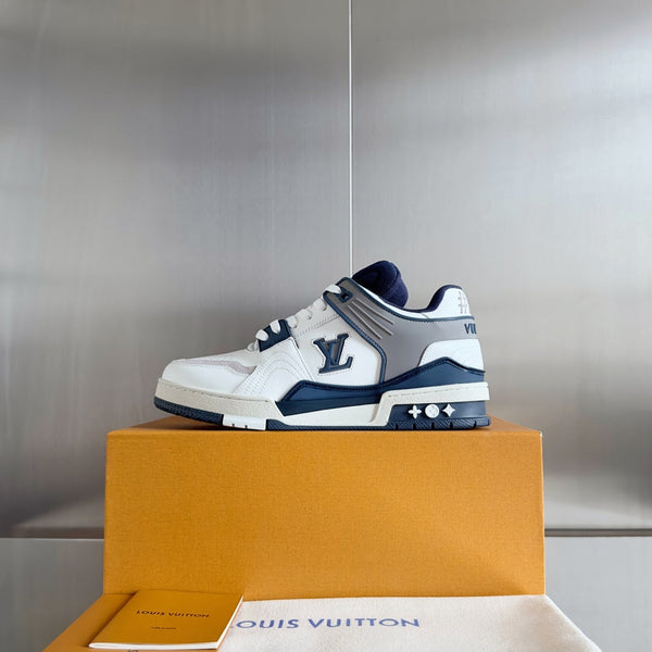 LV Trainer Sneaker 30mm Bianco Mix Blu Carbone Pelle di Vacchetta