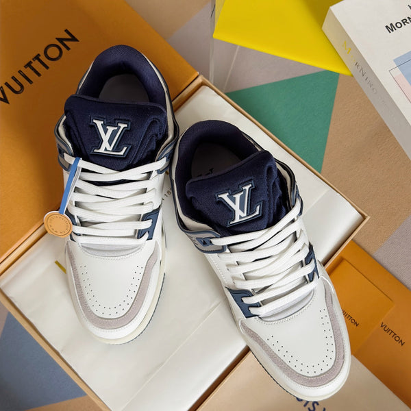 LV Trainer Sneaker 30mm Bianco Mix Blu Carbone Pelle di Vacchetta