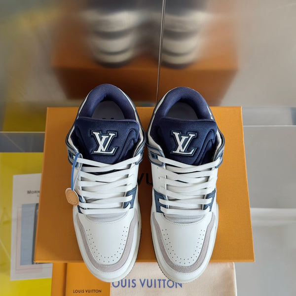 LV Trainer Sneaker 30mm Bianco Mix Blu Carbone Pelle di Vacchetta