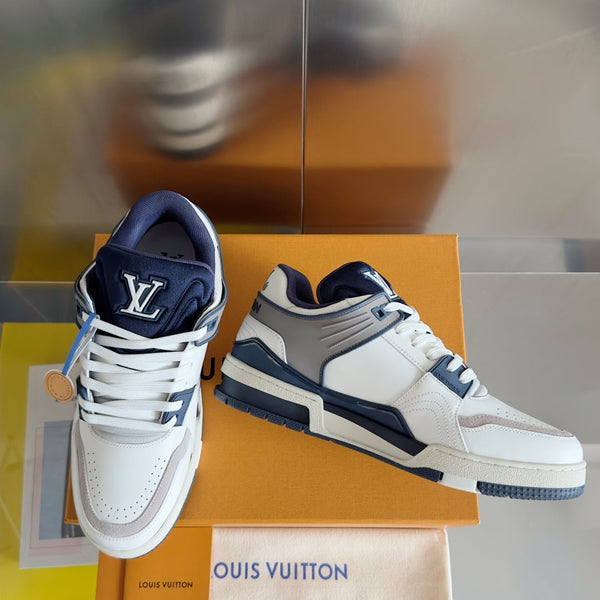 LV Trainer Sneaker 30mm Bianco Mix Blu Carbone Pelle di Vacchetta