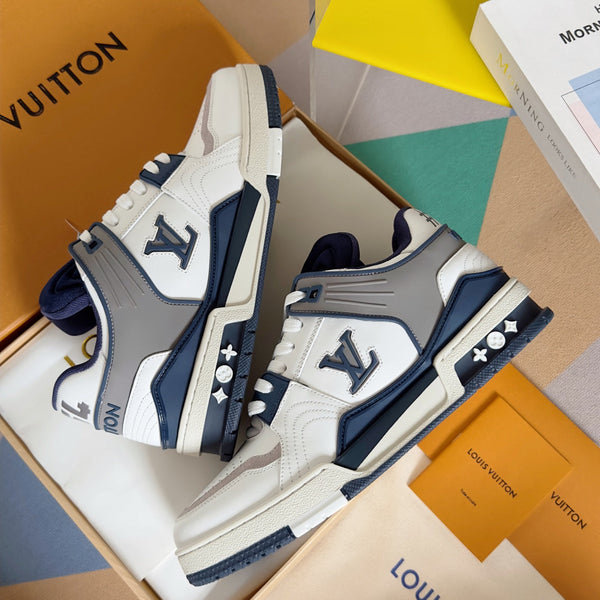 LV Trainer Sneaker 30mm Bianco Mix Blu Carbone Pelle di Vacchetta