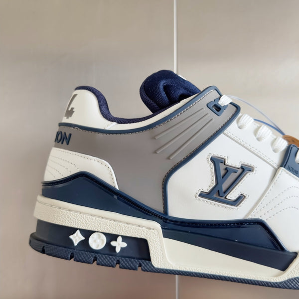 LV Trainer Sneaker 30mm Bianco Mix Blu Carbone Pelle di Vacchetta