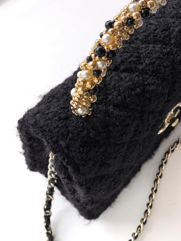 CC Mini Flap Bag 17.5 With Handle Black Tweed