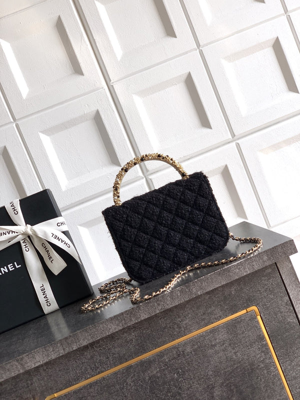 CC Mini Flap Bag 17.5 With Handle Black Tweed
