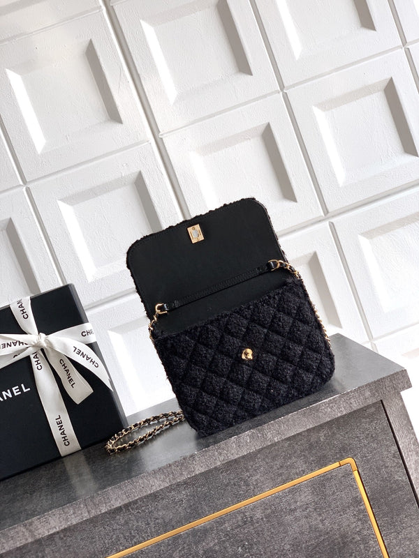 CC Mini Flap Bag 17.5 With Handle Black Tweed