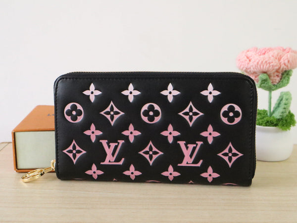 LV × TM Zippy Wallet 19.5cm Black Pink Monogram Embossed Lambskin GHW