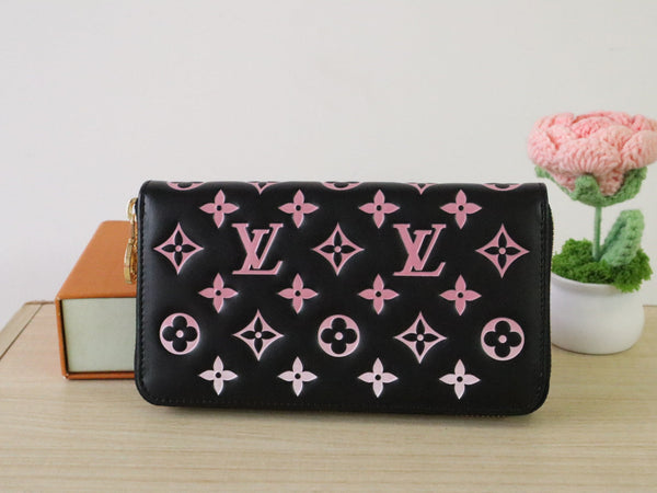 LV × TM Zippy Wallet 19.5cm Black Pink Monogram Embossed Lambskin GHW