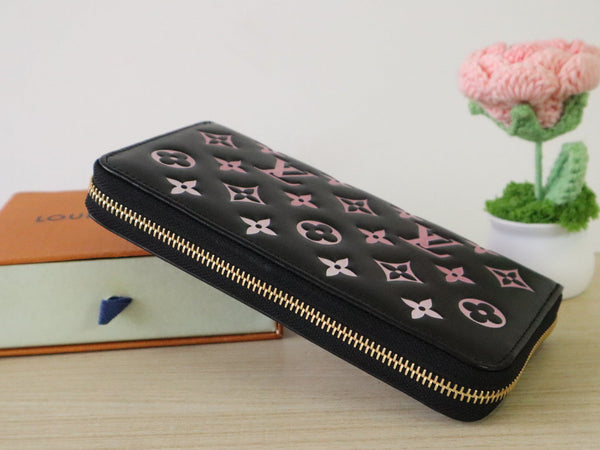 LV × TM Zippy Wallet 19.5cm Black Pink Monogram Embossed Lambskin GHW