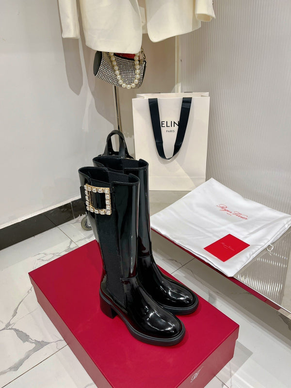 Stivali alti Viv Diamond in pelle di vacchetta nera verniciata 365205