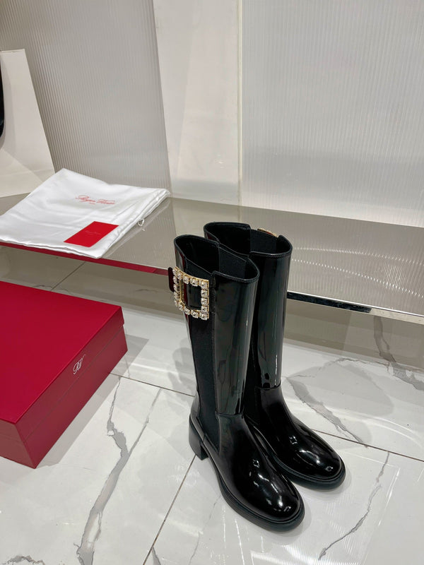 Stivali alti Viv Diamond in pelle di vacchetta nera verniciata 365205