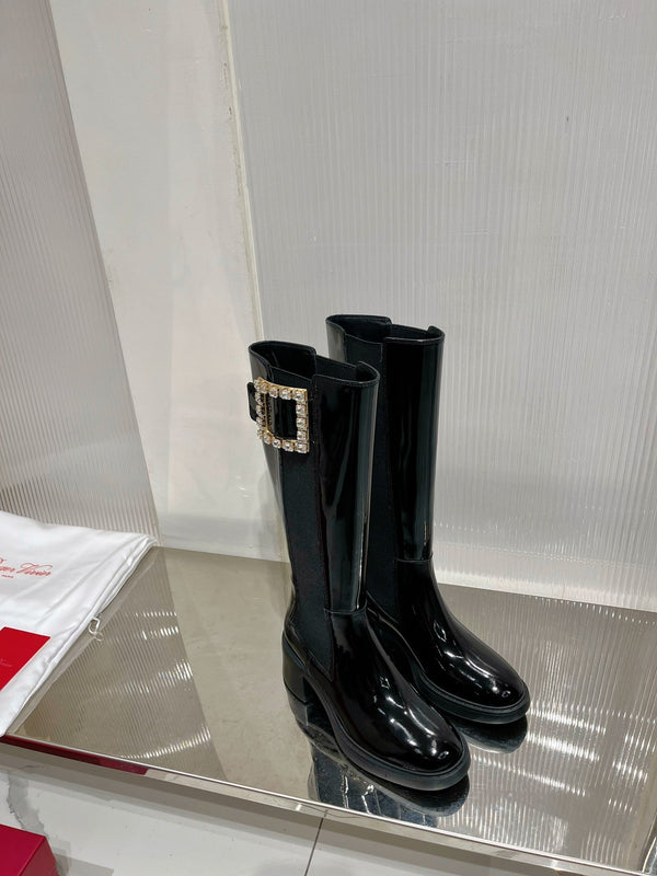 Stivali alti Viv Diamond in pelle di vacchetta nera verniciata 365205