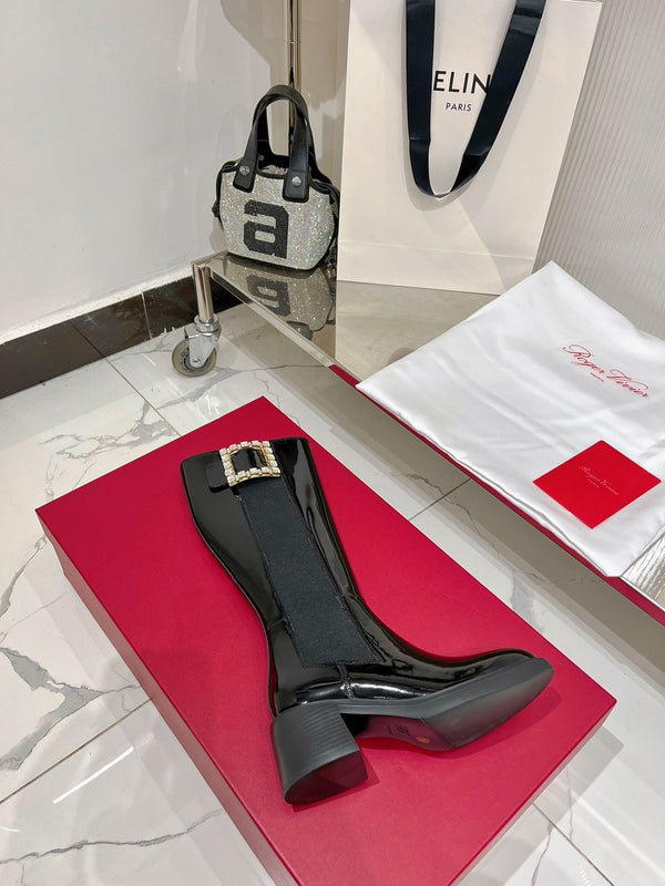 Stivali alti Viv Diamond in pelle di vacchetta nera verniciata 365205