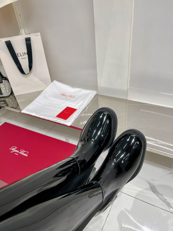 Stivali alti Viv Diamond in pelle di vacchetta nera verniciata 365205