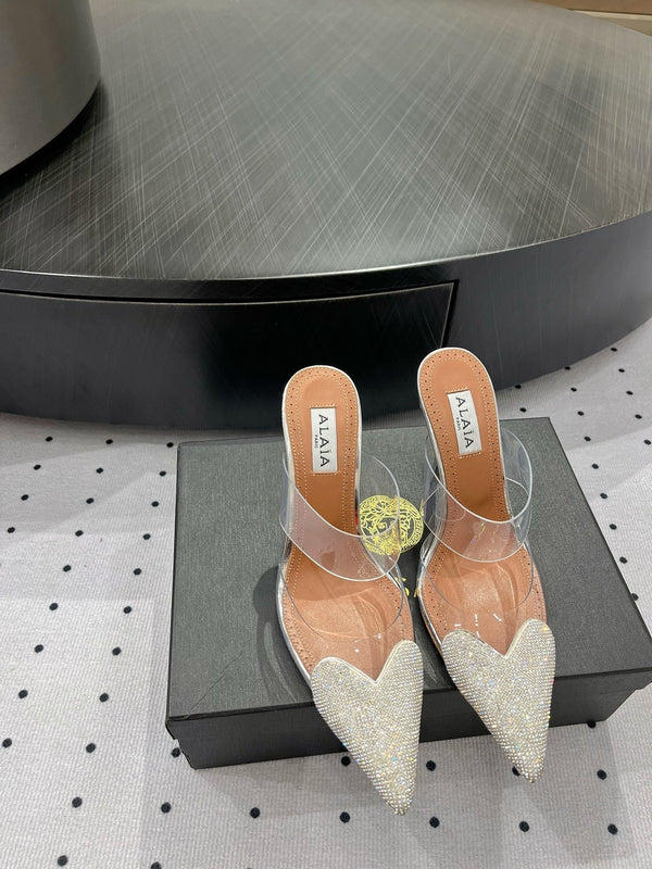 ALAIA Le Coeur Mules White With Rhinestones Lambskin 954821