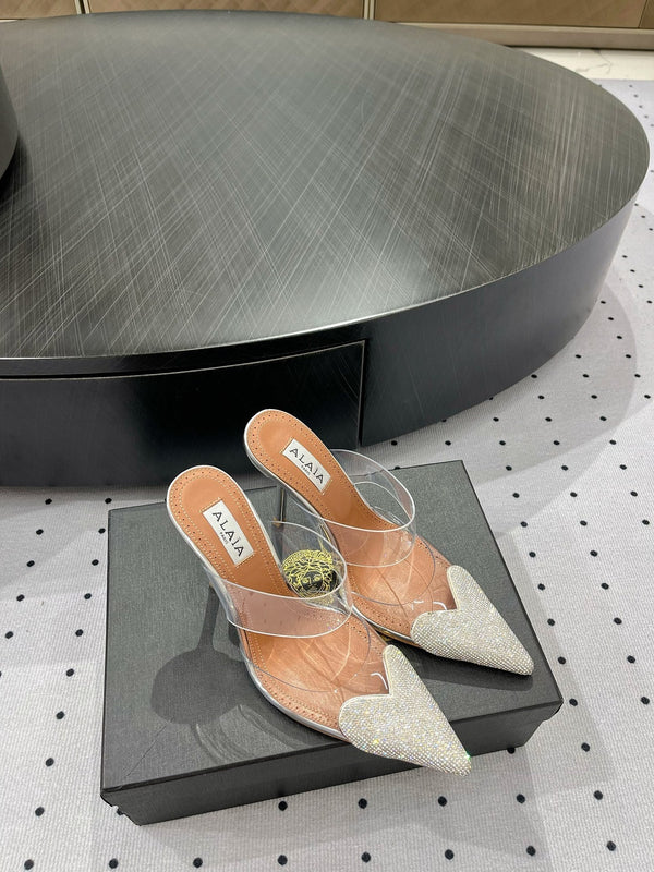 ALAIA Le Coeur Mules White With Rhinestones Lambskin 954821