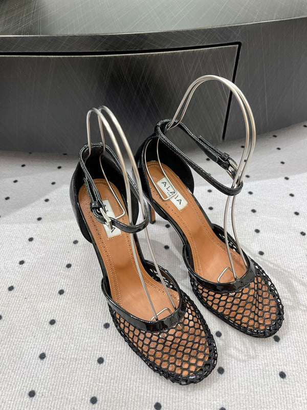 Alaila High Fishnet Pumps 90mm In Black Mesh Fabric 954848