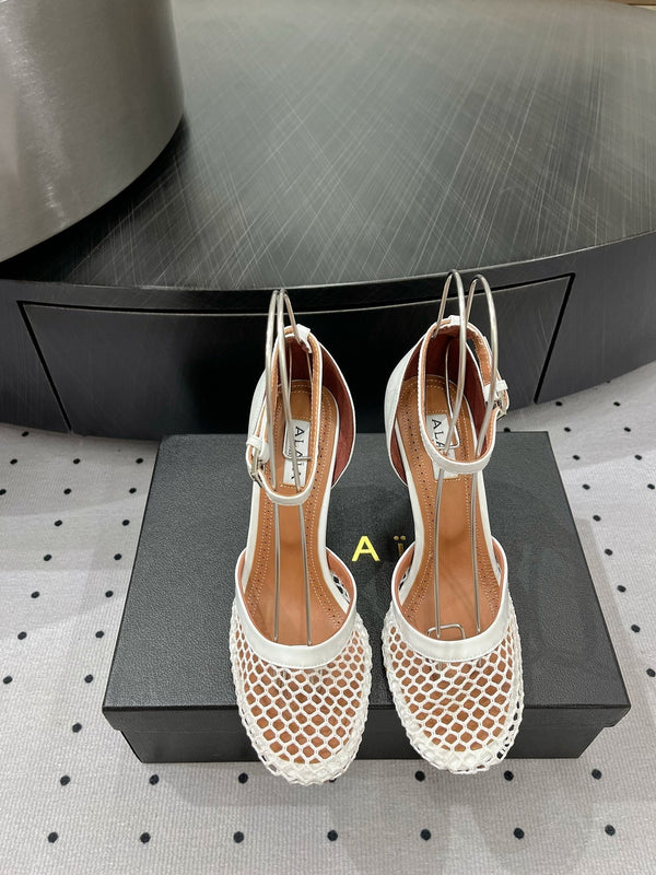 Alaila High Fishnet Pumps 90mm In White Mesh Fabric 954850