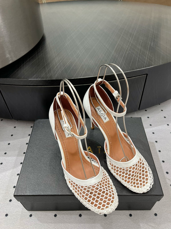 Alaila High Fishnet Pumps 90mm In White Mesh Fabric 954850