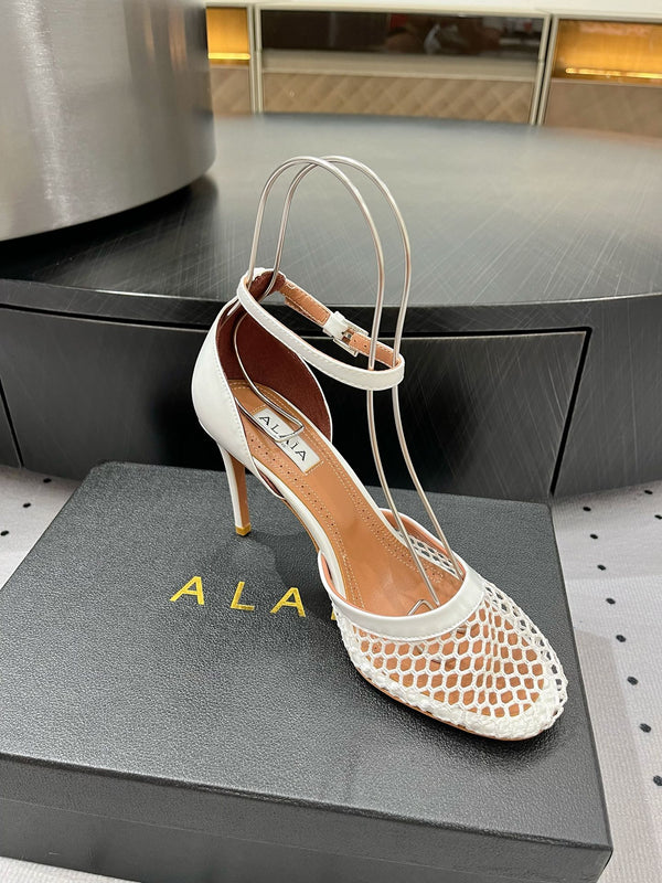 Alaila High Fishnet Pumps 90mm In White Mesh Fabric 954850