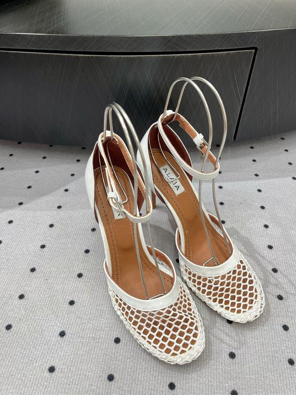 Alaila High Fishnet Pumps 90mm In White Mesh Fabric 954850