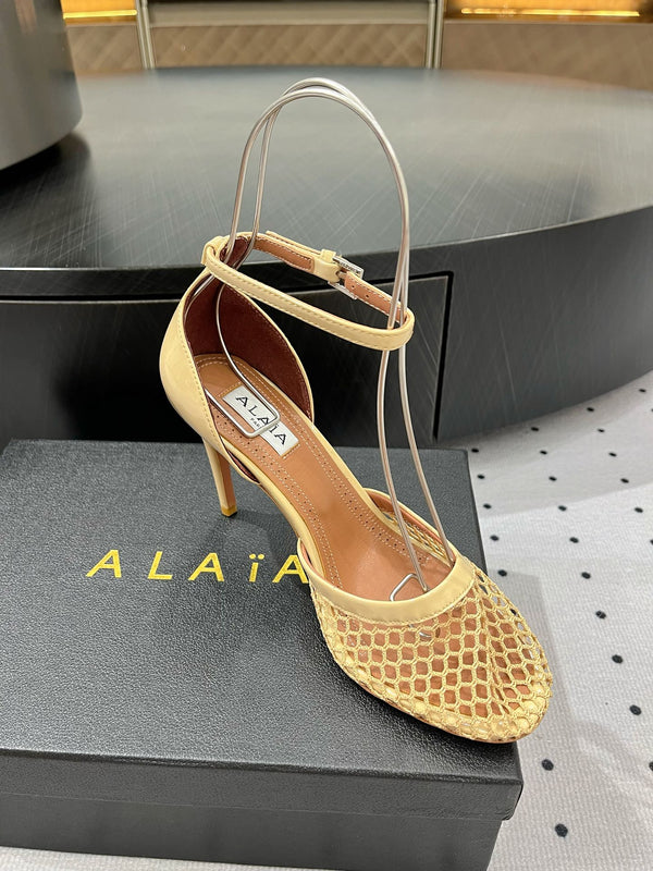 Alaila High Fishnet Pumps 90mm In Light Yellow Mesh Fabric 954852