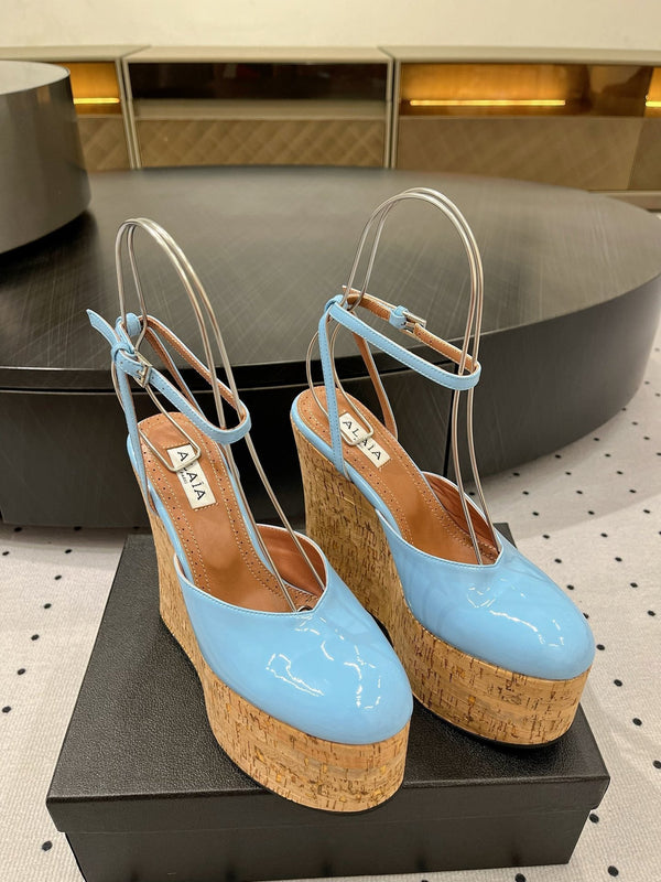 Alaila Wedge Sandals 115mm In Light Blue Glossy Lambskin 954883