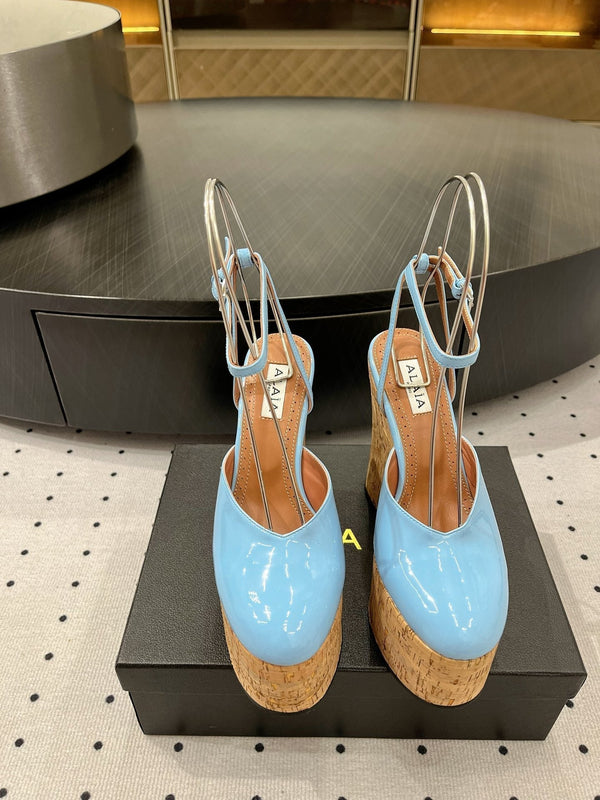 Alaila Wedge Sandals 115mm In Light Blue Glossy Lambskin 954883