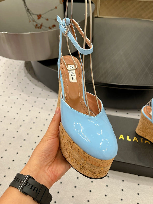 Alaila Wedge Sandals 115mm In Light Blue Glossy Lambskin 954883
