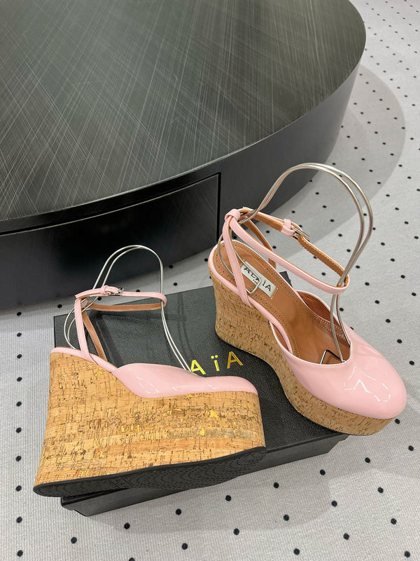 Alaila Wedge Sandals 115mm In Pink Glossy Lambskin 954885