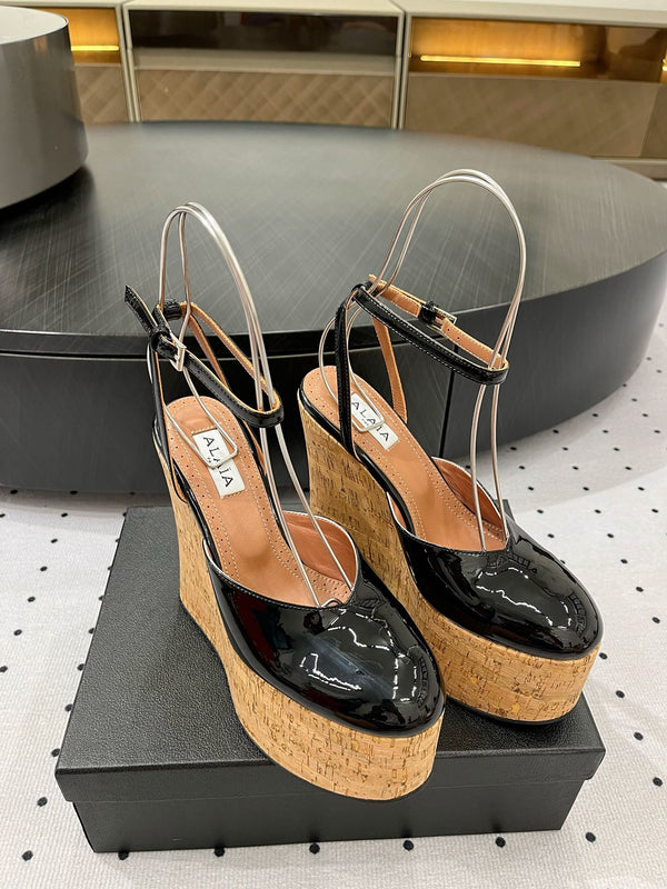 Alaila Wedge Sandals 115mm In Black Glossy Lambskin 954887